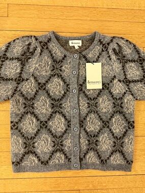 &merci Blue Diamond Floral Patterned Short-Sleeve Cardigan Sweater NWT